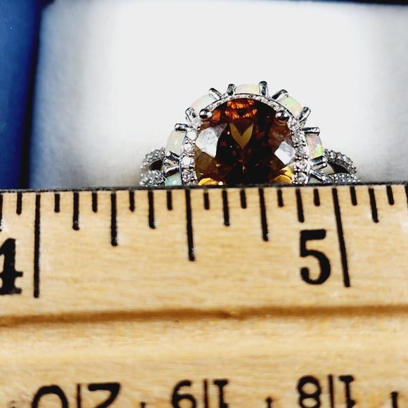 Premium Golden Scapolite, Welo Opal & Zircon fancy halo ring in Plat/925 4.85ct - Picture 4 of 6